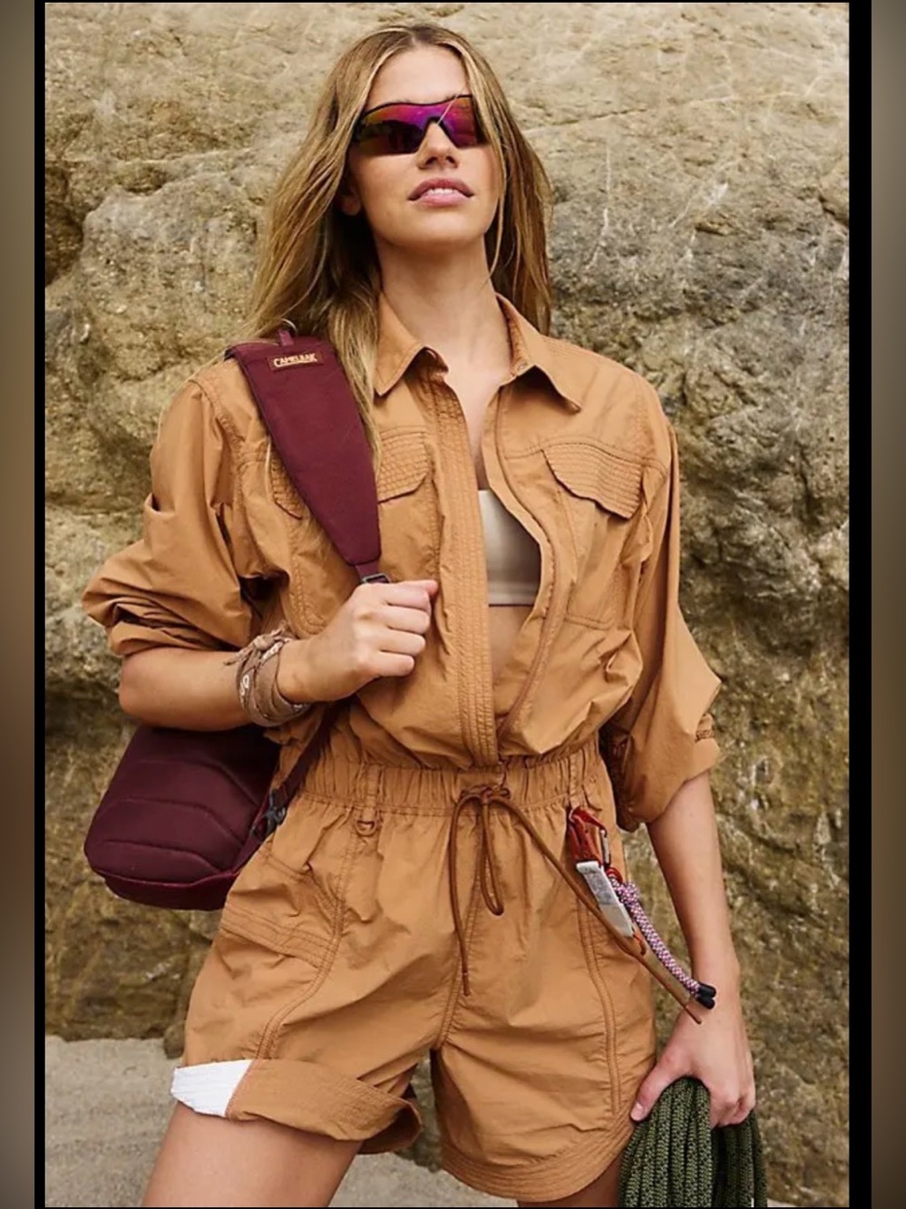 FP Movement In The Wild Shortsie Utility Nylon Romper Toasted Almond L NWT